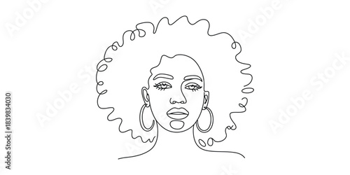 Minimalist continuous line art portrait of black woman with afro hair and hoop earrings