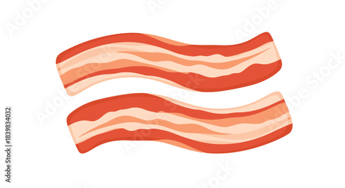 Two wavy strips of uncooked bacon featuring distinct layers of lean meat and creamy fat, perfect for breakfast preparations.