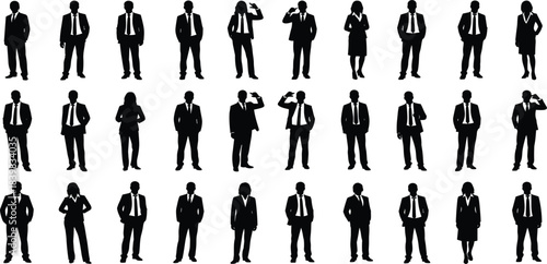 Diverse group of business people in silhouette standing and posing in various stances woman