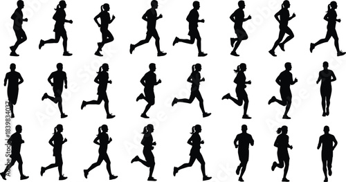 Diverse group of male and female runners in silhouette on white background running people