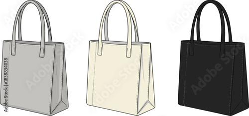 Stylish tote handbags in gray, cream, and black color variations for fashion branding and accessory design, cad drawing flat vector illustration