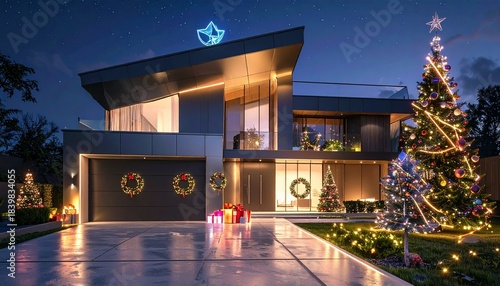 Festive Modern Home Decorated for Christmas at Night with Illuminated Trees and Presents