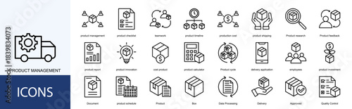 Product Management icon collection set. Containing product checklist, teamwork, product timeline, production cost, product shipping, Product research icon