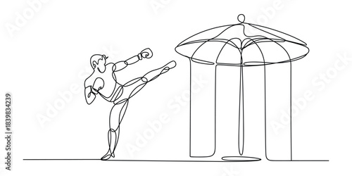 One line drawing of a boxer kicking a gazebo or large birdcage