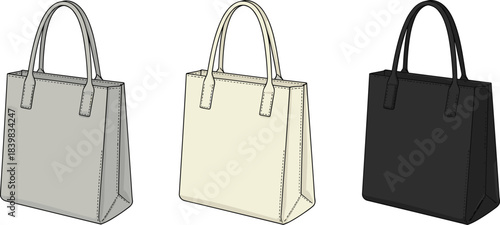 Stylish tote handbag in gray, cream, and black colors for fashion and shopping design, cad drawing flat vector illustration