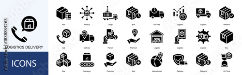 Logistics Delivery icon collection set. Containing Box, Product, Cargo, On Time, Logistic, Receive, Call, Delivery icon