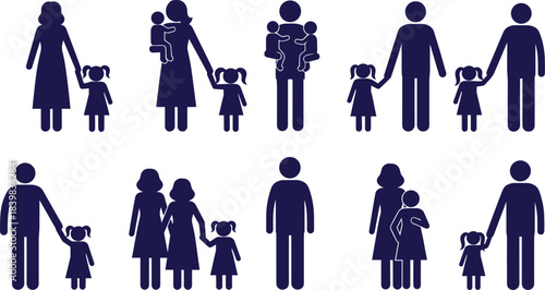 Family Silhouettes In Navy Blue With Children icon people