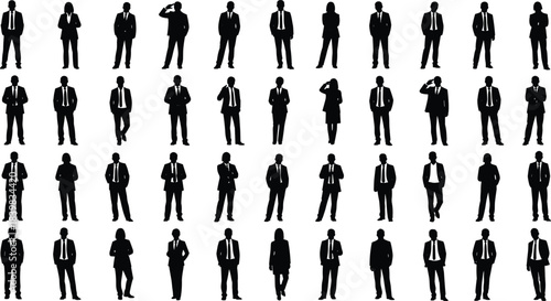 Large collection of business people silhouettes in formal attire standing and posing woman