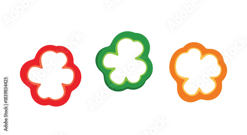 Three colorful bell pepper slices, red, green, and orange, displayed against a clean white background, ideal for culinary concepts.