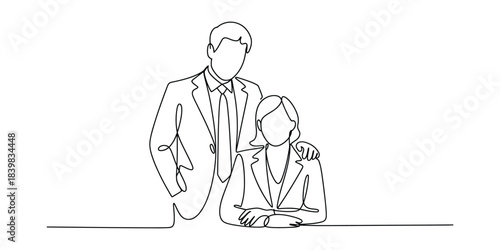 One line drawing of businessman standing behind and putting hand on female colleagues shoulder