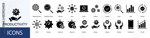 Productivity icon collection set. Containing Share, Laptop, Settings, Checked, Loupe, Stats icon