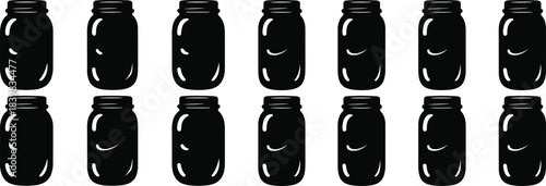 Mason jar silhouette vector collection, black glass jar icons for kitchen design, storage label, canning, print, craft, food decor.