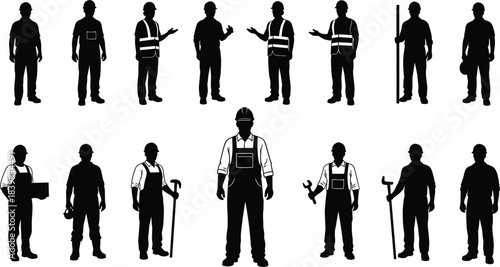 Silhouette Collection Of Construction Workers And Builders With Tools And Safety Gear vector illustration