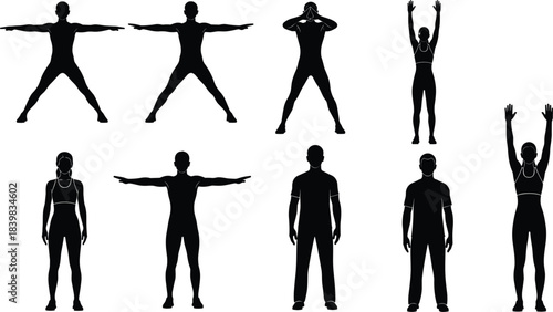 Silhouettes of Men and Women Performing Yoga and Fitness Exercises Keywords: silhouette, fitness, yoga, exercise, man, woman