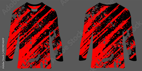 An abstract red striped sports shirt with a grunge texture. The design should be bright and energetic.