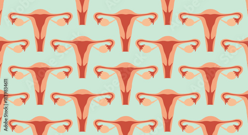 Seamless pattern of stylized human uteri and ovaries in pink and orange shades on a light blue background, representing women's health.