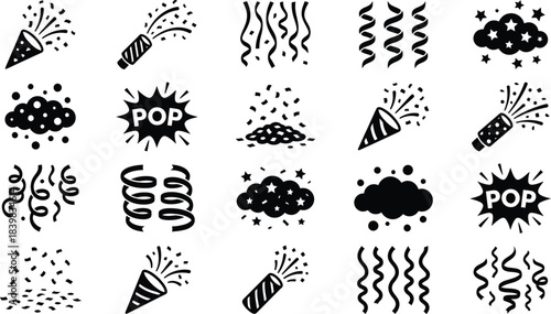 Exploding party popper and confetti silhouette icon set. Birthday celebration surprise cracker, falling serpentine ribbon, and star sparkle symbols for holiday festival event vector collection design.