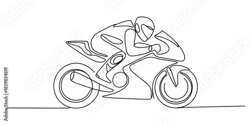 Continuous line drawing of a motorcycle racer in a speed position