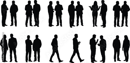 Silhouettes Of People In Conversation And Walking On White Background talking standing