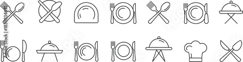 Restaurant tableware icon set including plates, utensils, cloche, chef hat, dining symbols, food service graphics, perfect for menus, cooking websites, catering business and branding