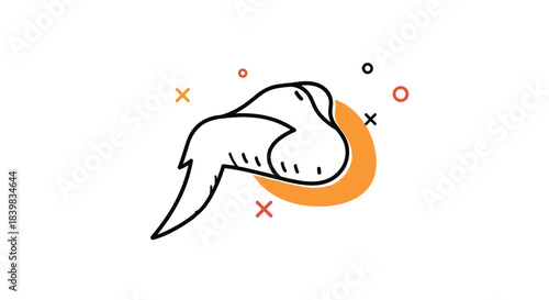 Outline illustration of a delicious fried chicken wing with abstract geometric shapes and an orange circle background, representing a popular fast food snack.