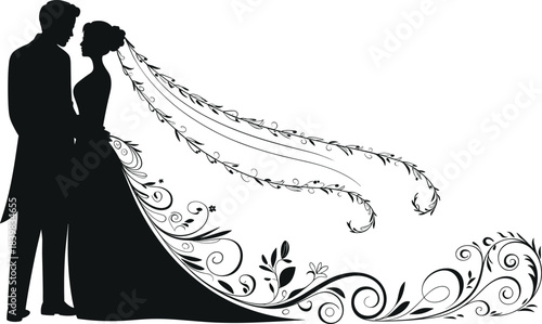 Romantic wedding couple silhouette, bride and groom vector art, elegant floral dress design, flowing veil decoration, love and marriage illustration, ornamental pattern, black and white graphic