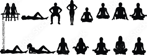 Silhouettes of People in Relaxed and Meditative Poses on White Background person woman