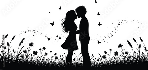 Romantic silhouette couple kissing in flower field with butterflies, intimate embrace, nature scenery, love, affection, wedding, Valentine’s Day illustration