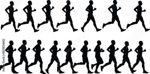 Running man silhouette sequence, jogging male vector icon set, athletic movement pose, fitness workout steps, sport motion illustration pack