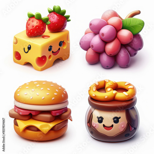 Cute cartoon food icons with happy faces and bright colors