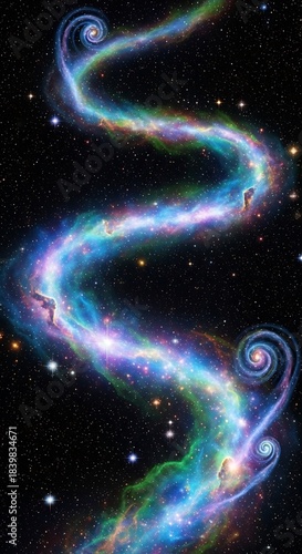 A swirling nebula, vibrant with colors and spiral patterns, fills the vast expanse of space.