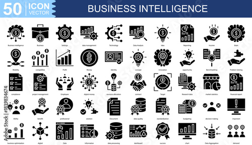Business Intelligence icon collection set. Containing data management, Technology, Data Analysis, Idea, Reporting, Income icon