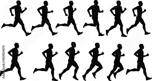 Running man silhouette sequence, male jogging vector set, fitness motion cycle, black athlete workout poses, training exercise steps graphic