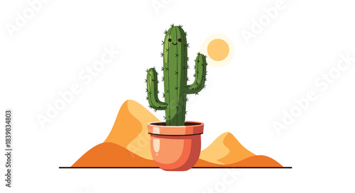 A cute and smiling cartoon cactus in a terracotta pot stands amidst stylized sand dunes under a bright, warm sun.
