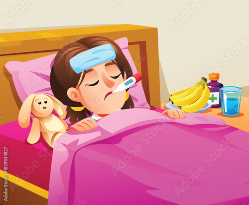 Sick little girl lying down, looking unwell while using a cooling pad and a thermometer in mouth. Vector cartoon illustration