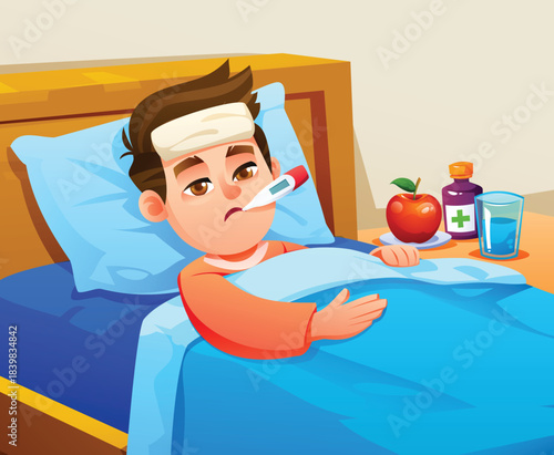 Boy sick in bed with a fever, thermometer in mouth and cooling compress on forehead. Vector cartoon illustration