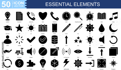 Essential Elements icon collection set. Containing Location, Document, phone call, Heart, Telephone, clock icon