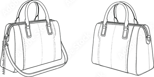 Elegant fashion handbag with shoulder strap and handles, stylish women purse design template for fashion accessory, cad drawing flat vector illustrationWeb