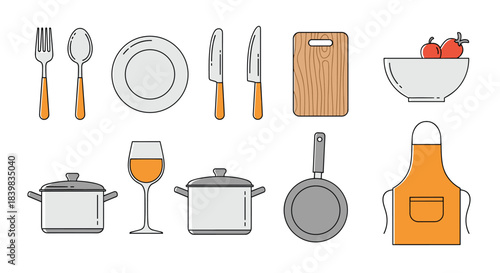 A collection of essential kitchen and cooking utensils, flatware, and accessories for home meal preparation and dining.