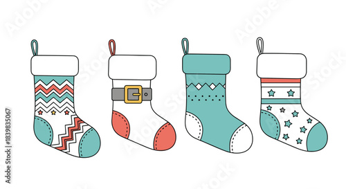 Four festive Christmas stockings with various patterns including zigzags, stars, and a Santa belt design, in a cute cartoon style.