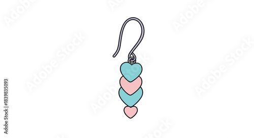 A delicate dangle earring showcasing a series of five heart-shaped beads in soft pastel pink and blue, suspended from a classic silver ear hook.