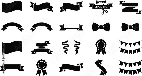 Vintage label and scroll black glyph icons. Holiday gift bow, rosette medal, grand opening ceremony cut, and hanging garland flags symbols for text frame and big sale promotion banner vector set.
