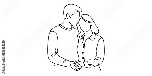 Minimalist continuous line drawing of a loving couple embracing and holding hands
