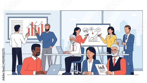 Meeting of Minds: Inside a modern office, a team engages in a lively discussion, reviewing charts and graphs on a whiteboard, with laptops open, and animated in collaborative exploration.