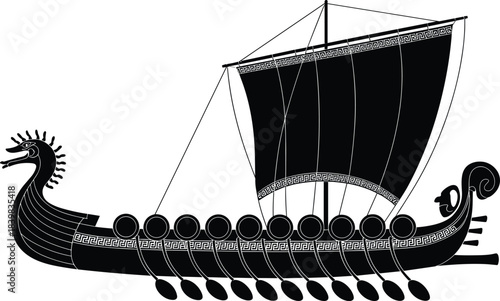 Ancient Greek Trireme Warship Silhouette with Black Sails and Oars vector illustration