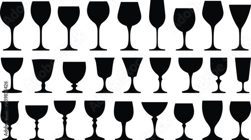 Array of Black Silhouettes of Different Types of Drinking Glasses on White Background wine glass champagne flute