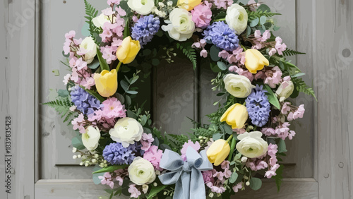 Blooming Wreath of Elegance: A beautiful wreath crafted with an array of fresh, colorful spring flowers, exuding elegance and charm on a muted background.