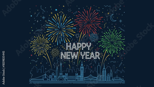 New Year's Eve Celebration: Festive fireworks light up the night sky above a cityscape, heralding the arrival of a joyful new year, filled with hope and celebration.