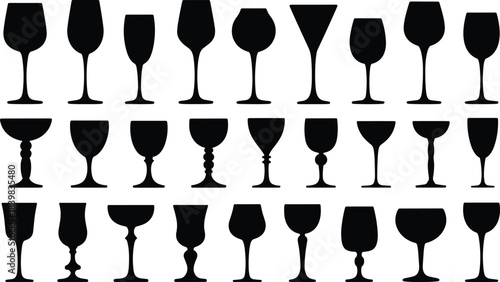 Assortment of black silhouette drinking glasses and goblets on white background Keywords: glass, goblet, wine glass, champagne