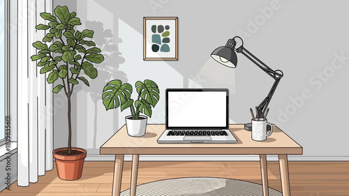 Minimalist Workspace: A bright and airy workspace with a focus on simplicity, featuring a laptop on a wooden desk, surrounded by elements of modern design and natural light.